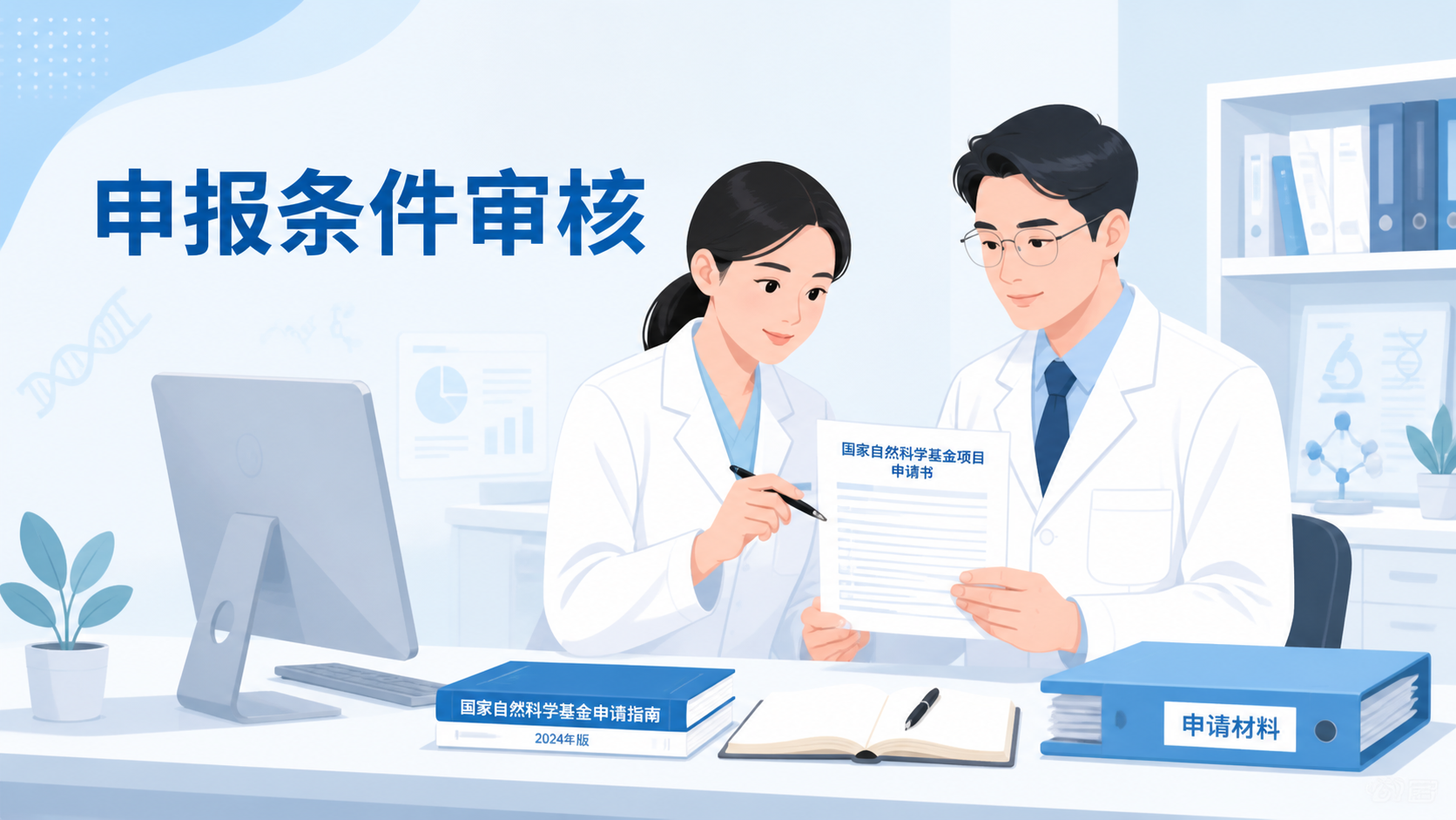 医护科研人员在办公室核对国家自然科学基金申请材料，桌面有电脑、指南和笔记本，突出“申报条件审核”场景。
