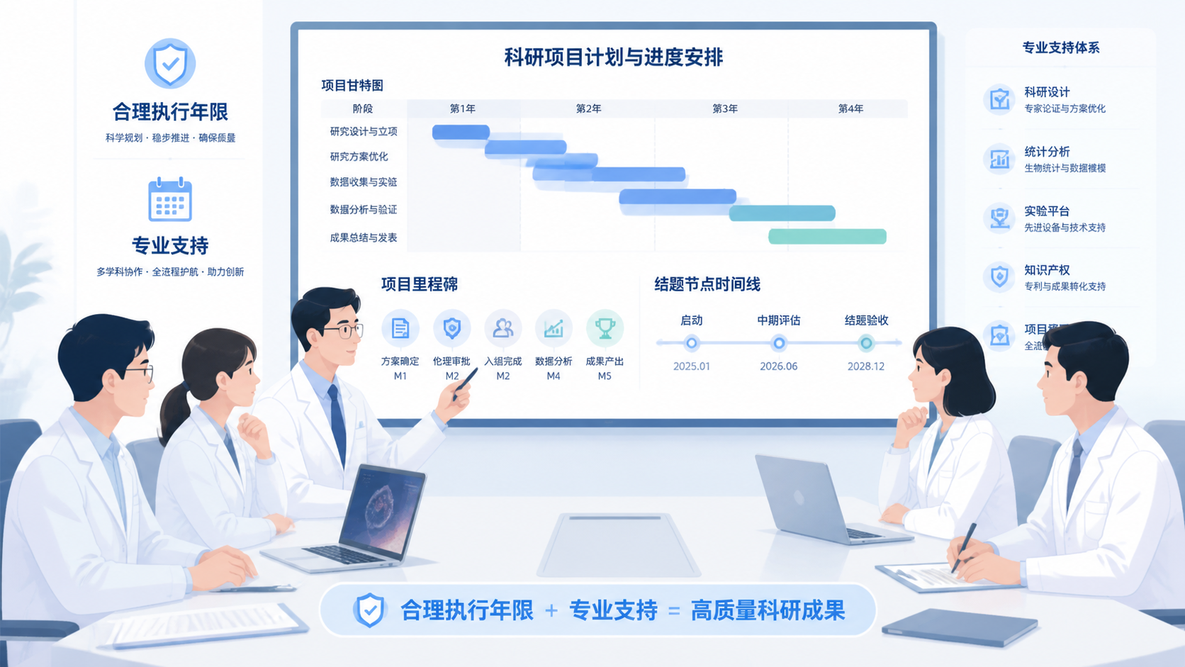 科研团队围坐讨论课题计划书，屏幕上显示甘特图、项目里程碑和结题节点，强调“合理执行年限+专业支持”
