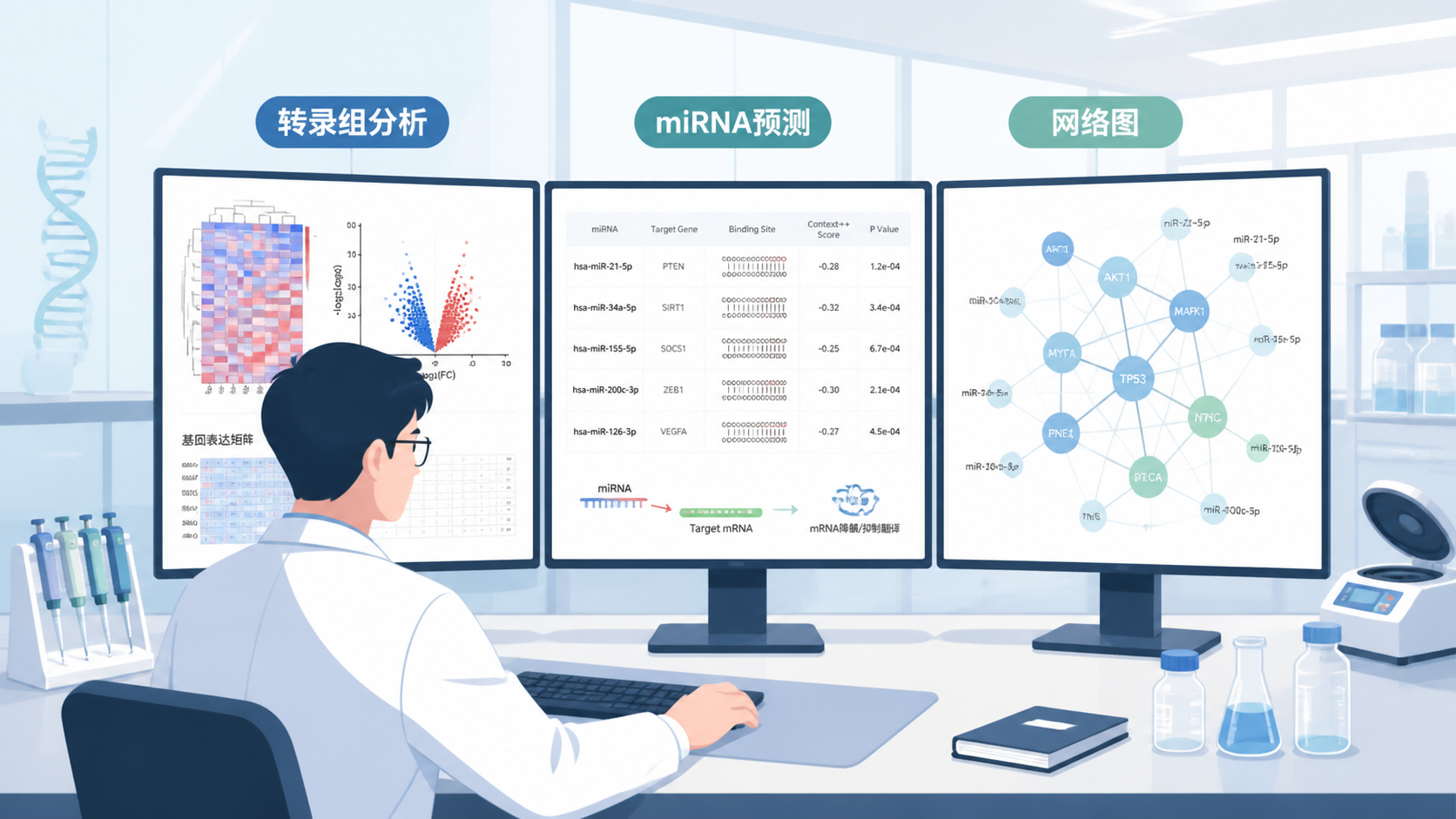 科研人员在电脑前查看转录组数据、miRNA预测结果和网络图，背景为实验室场景。