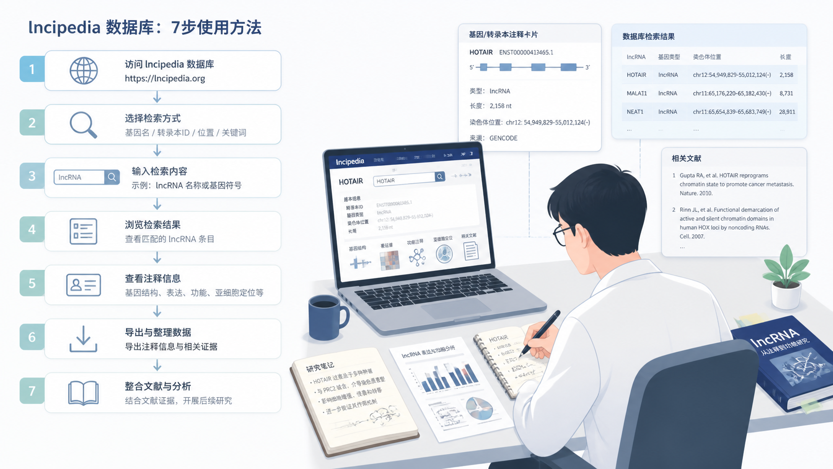 一张流程图展示lncipedia数据库7步使用方法，右侧配有研究者整理lncRNA注释结果、文献和实验设计的场景。