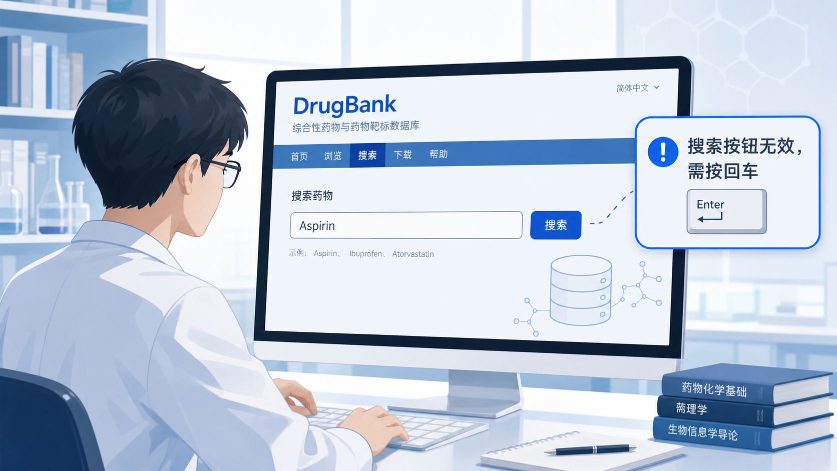一位医学生对着电脑屏幕搜索DrugBank，旁边弹出“Search按钮无效，需按回车”的提示，画面轻松幽默