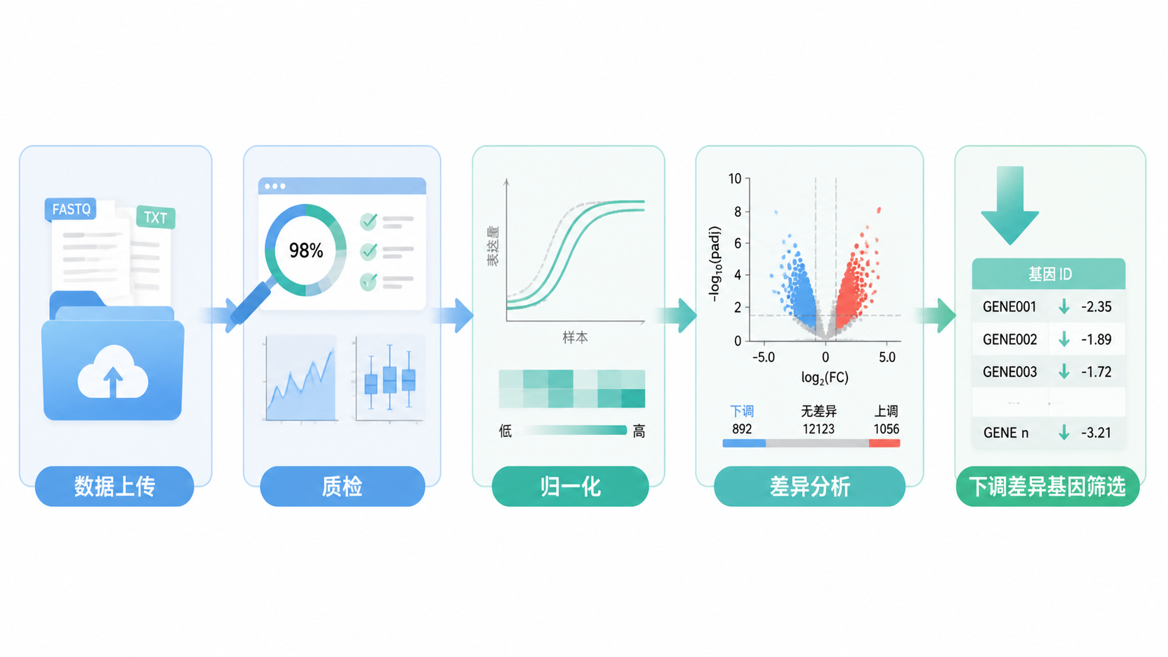 转录组差异分析流程示意图，包含数据上传、质检、归一化、差异分析、下调差异基因筛选几个步骤
