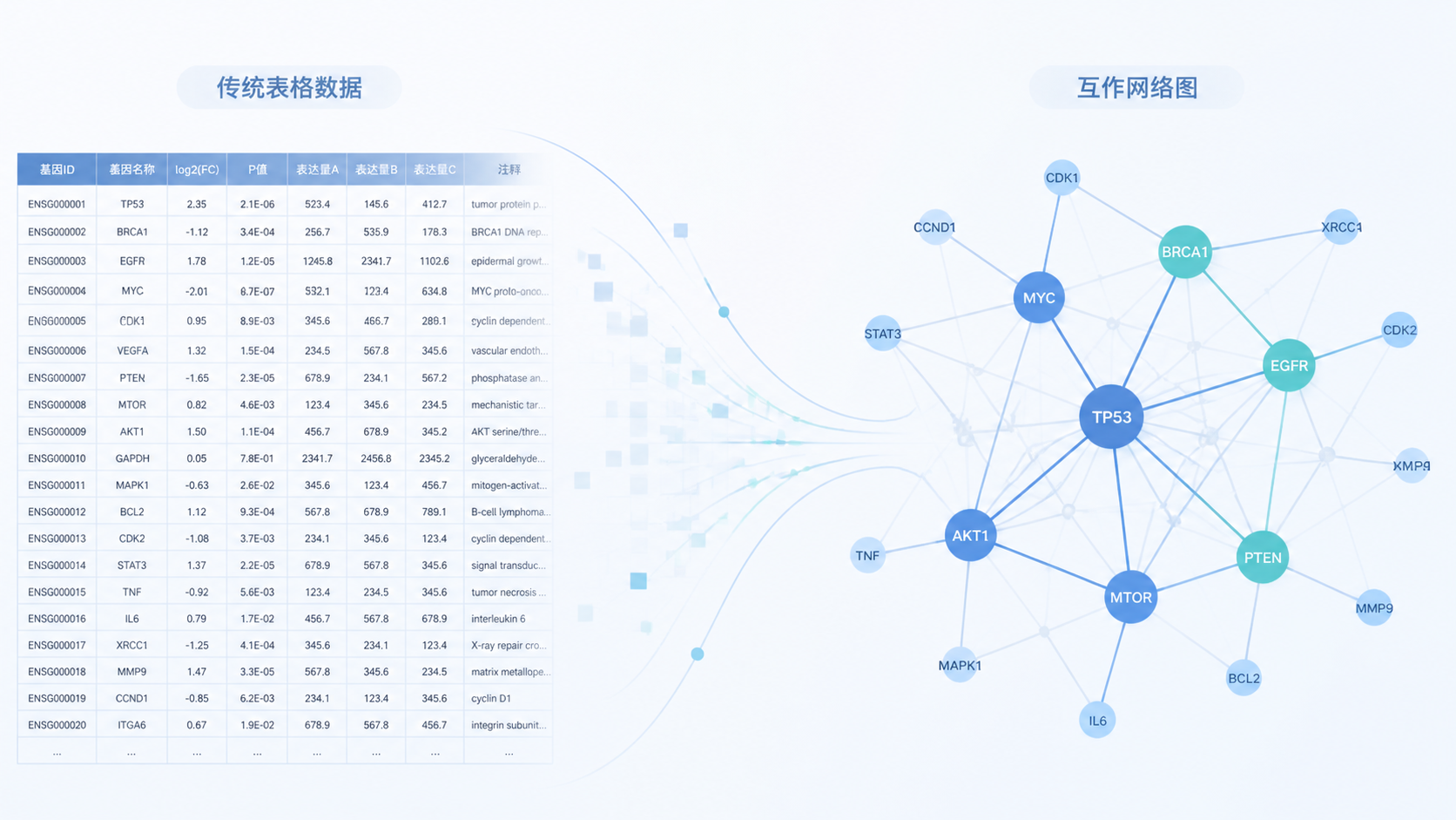一张科研场景图，展示互作网络图与传统表格数据对比，突出“复杂关系一目了然”的视觉效果。