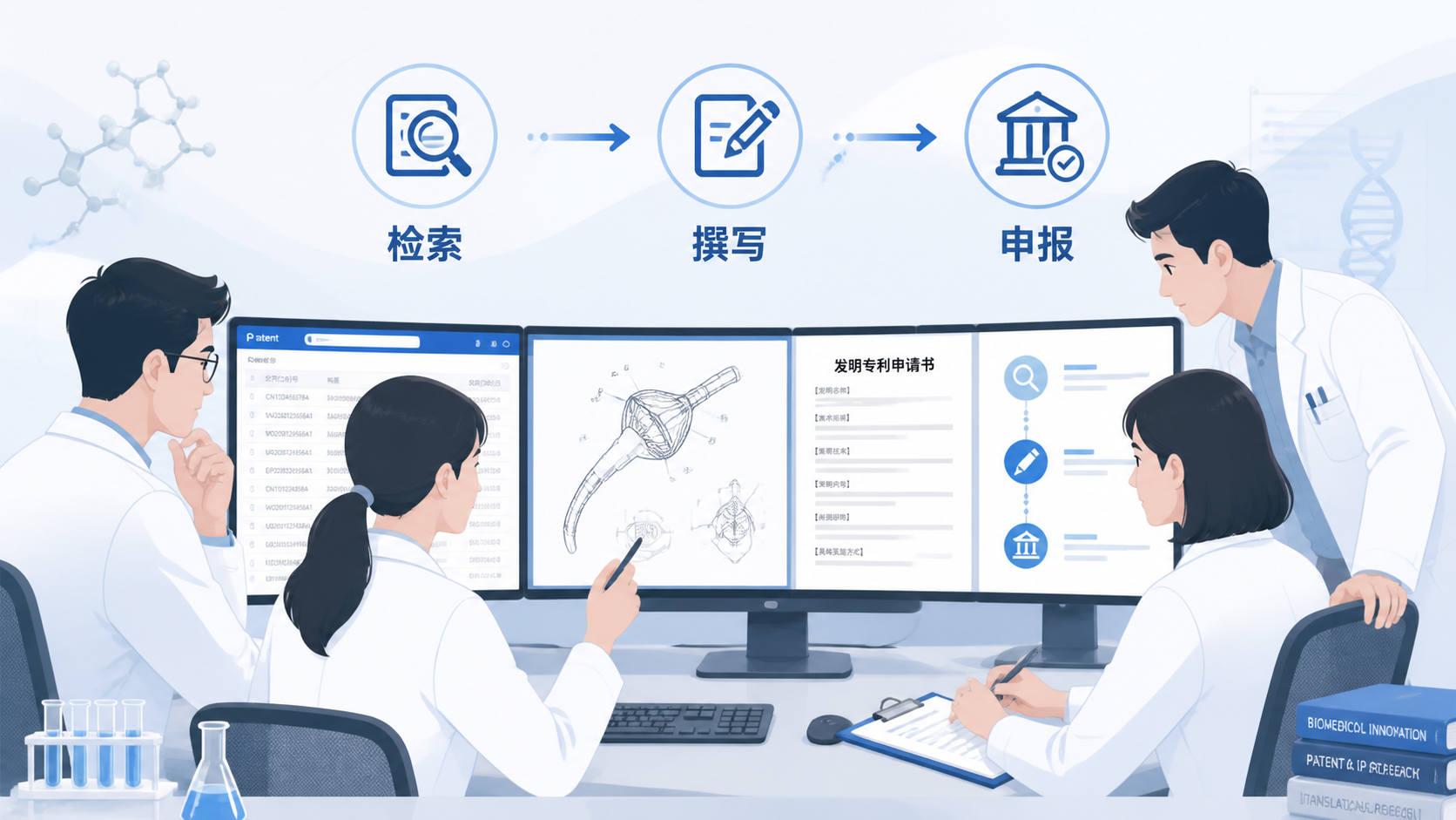 医疗团队在电脑前查看专利检索结果、附图和正式申请文件，画面突出“检索-撰写-申报”流程