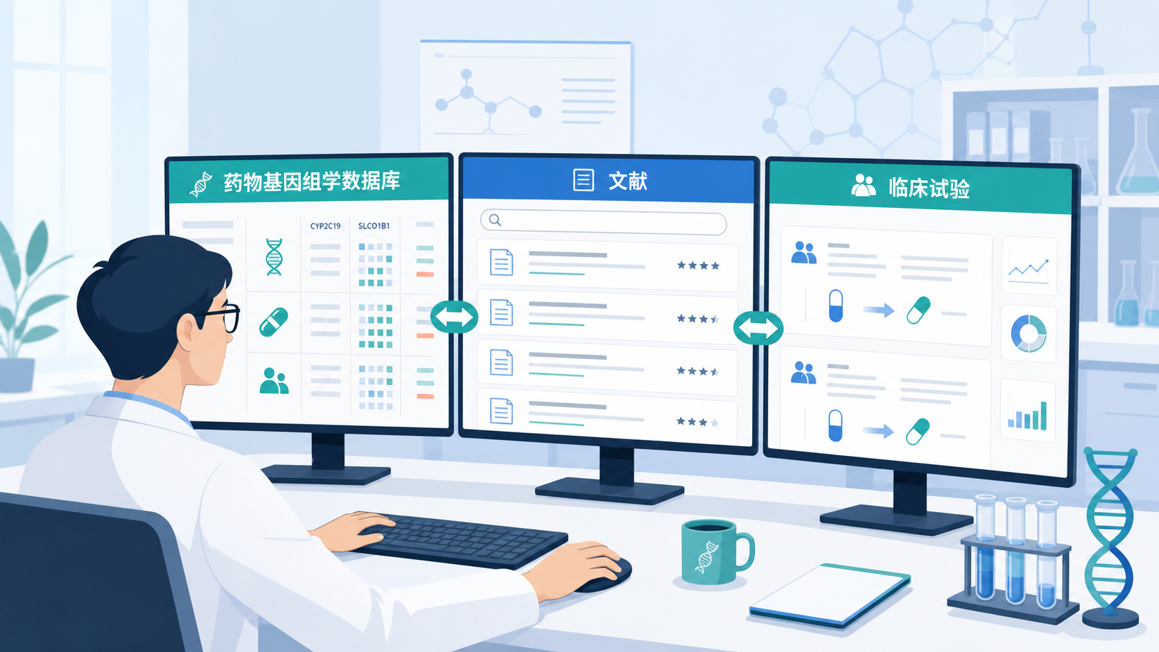 科研人员在电脑前对比药物基因组学数据库、文献和临床试验信息的工作场景图。