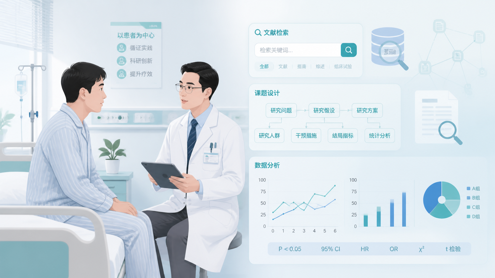 一位临床医生在病房与患者沟通，旁边叠加文献检索、课题设计和数据分析的视觉元素