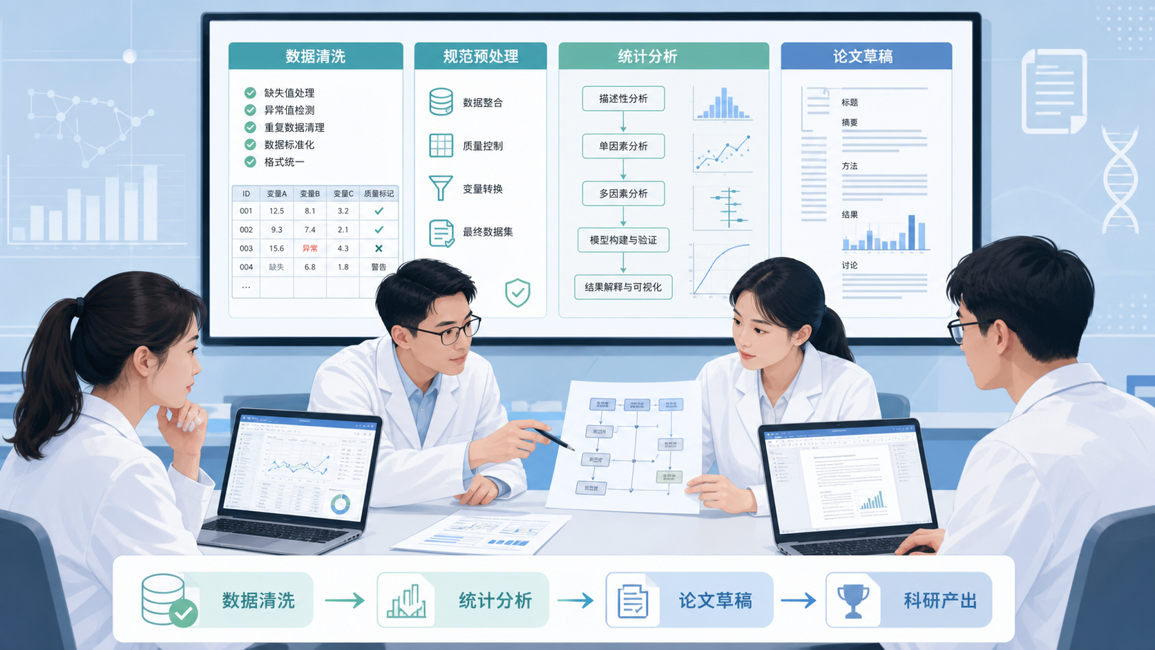 科研人员在团队协作中审阅数据清洗结果、统计分析流程图和论文草稿的场景，突出规范预处理与科研产出的关系。