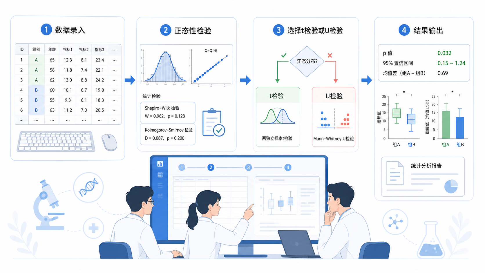 一张流程图式科研统计工作场景图,展示“数据录入-正态性检验-选择t检验或U检验-结果输出”的完整链路。
