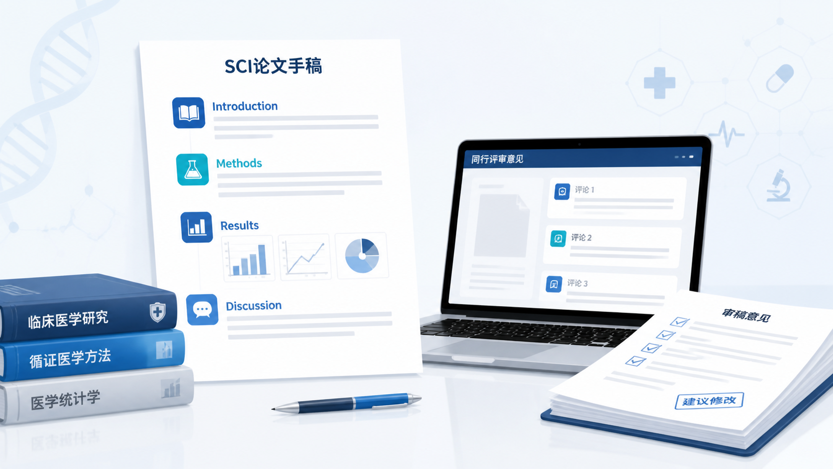 一份整洁的SCI论文手稿与电脑屏幕并列展示，页面上突出IMRaD四部分结构，旁边有医学书籍和审稿流程示意