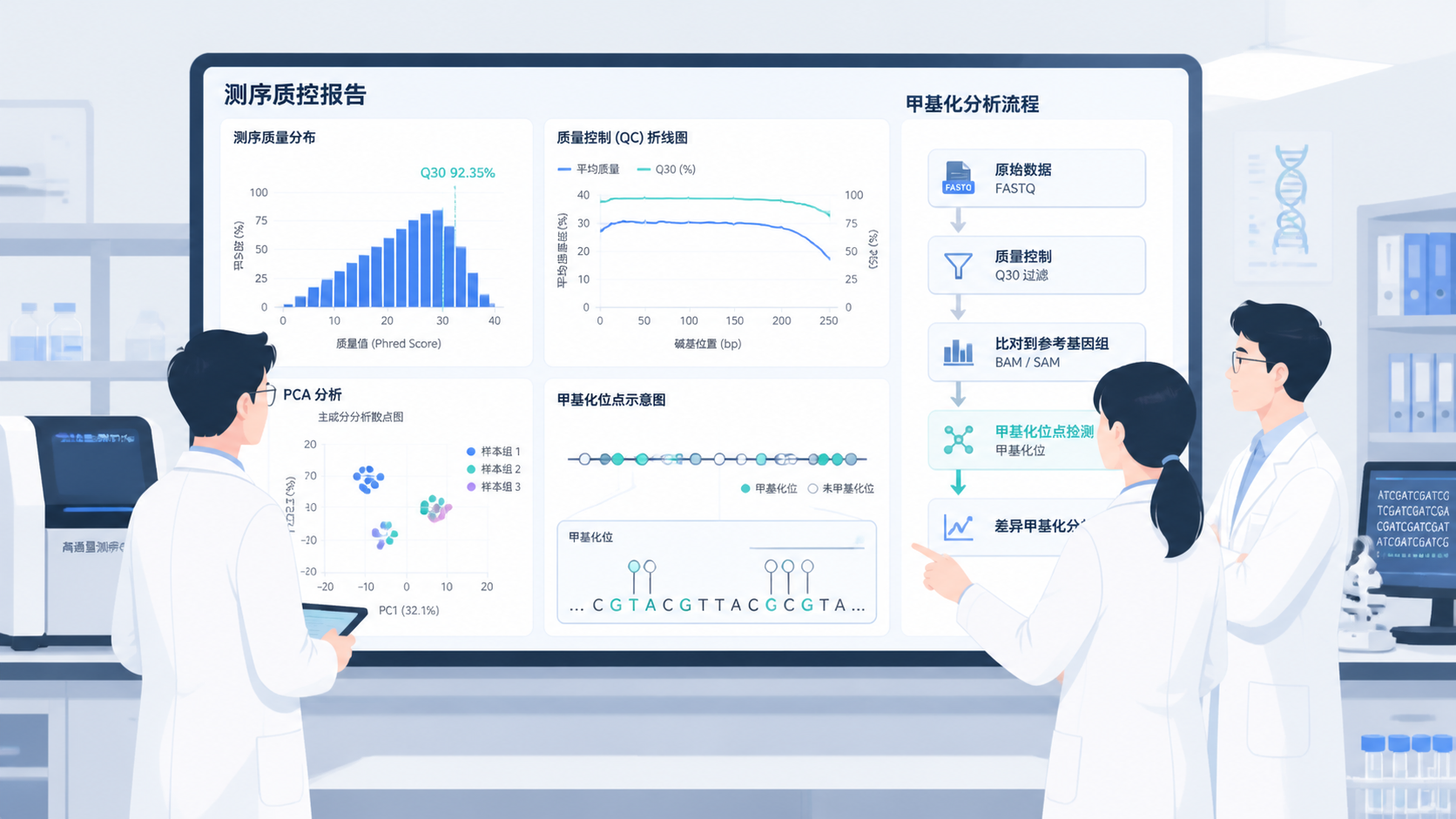 实验室里研究人员查看测序质控报告与甲基化分析流程图，画面包含FASTQ、Q30、PCA和甲基化位点示意。