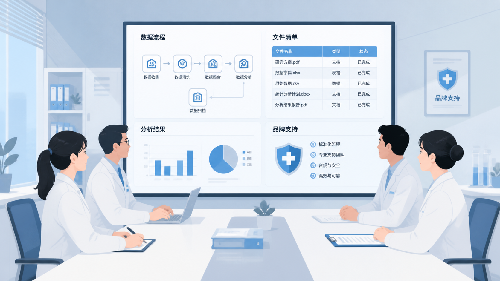 科研团队在会议室中查看标准化数据流程图、文件清单和分析结果，体现“高效整理、规范分析、品牌支持”的科研场景。