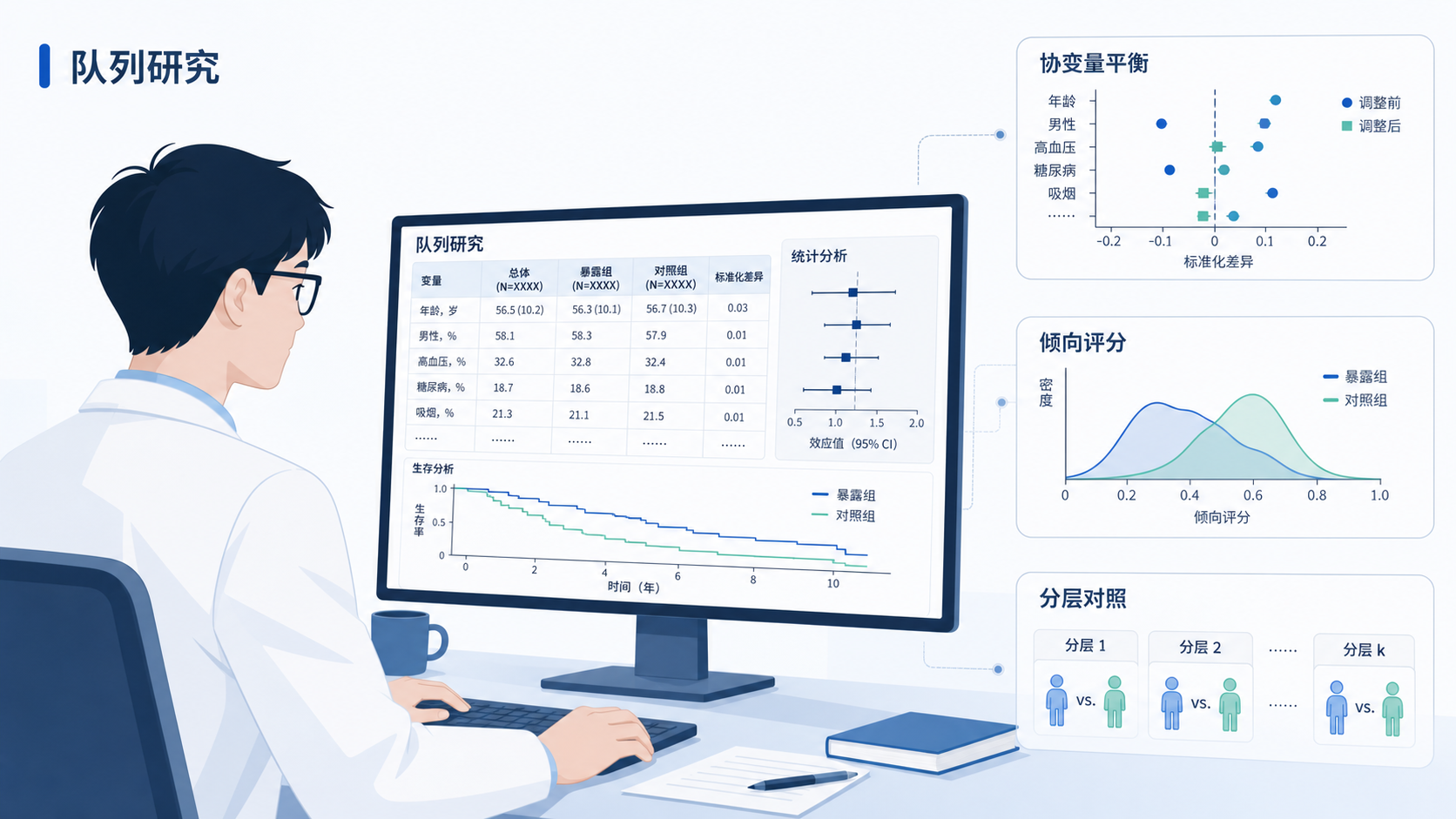 医学生在电脑前查看队列研究数据表，旁边有协变量平衡示意图和倾向评分图表，画面专业简洁。
