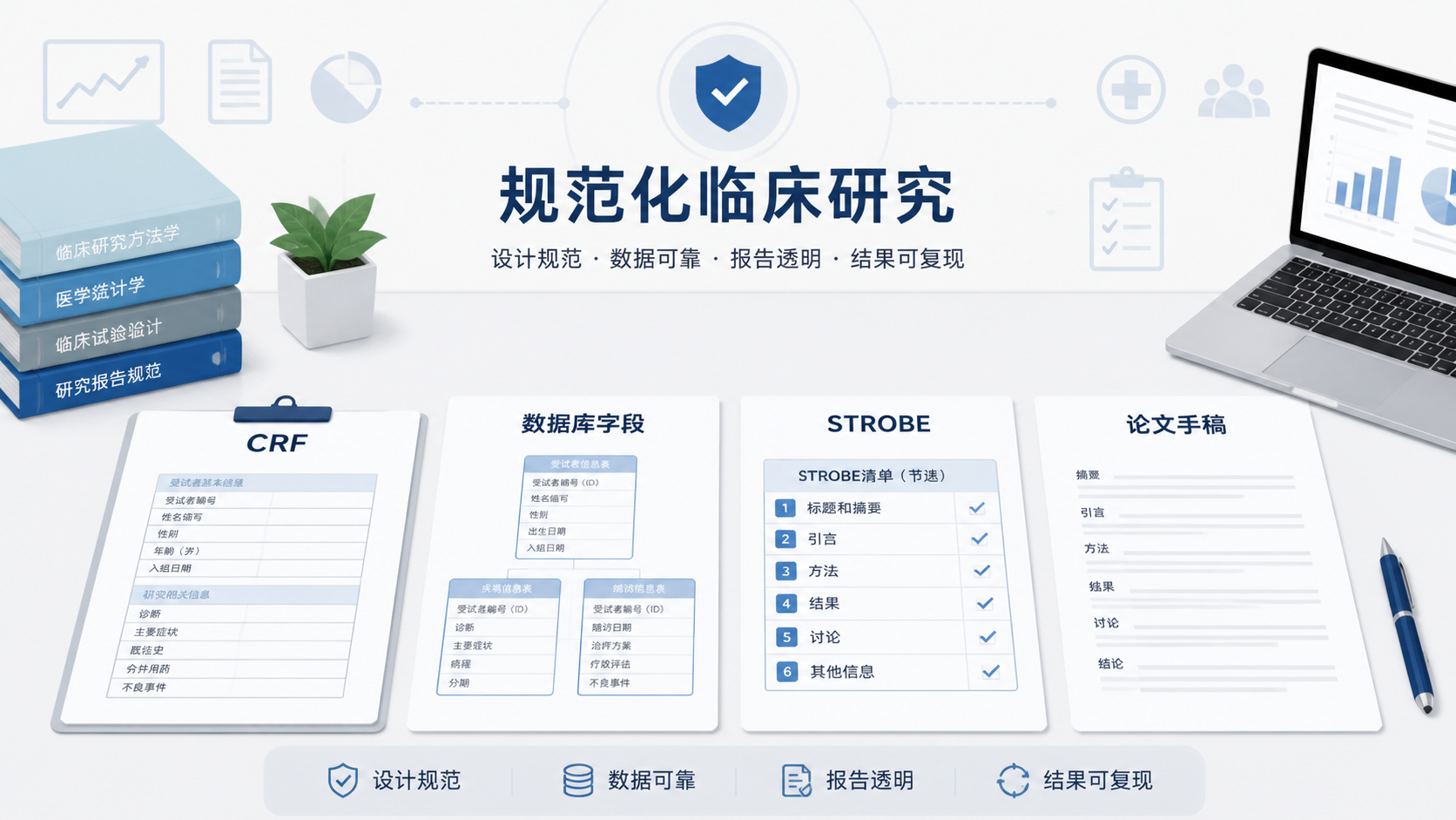 整洁的科研工作台，包含CRF表、数据库字段示意、STROBE清单和医学论文手稿，体现“规范化临床信息格式写作”的专业氛围