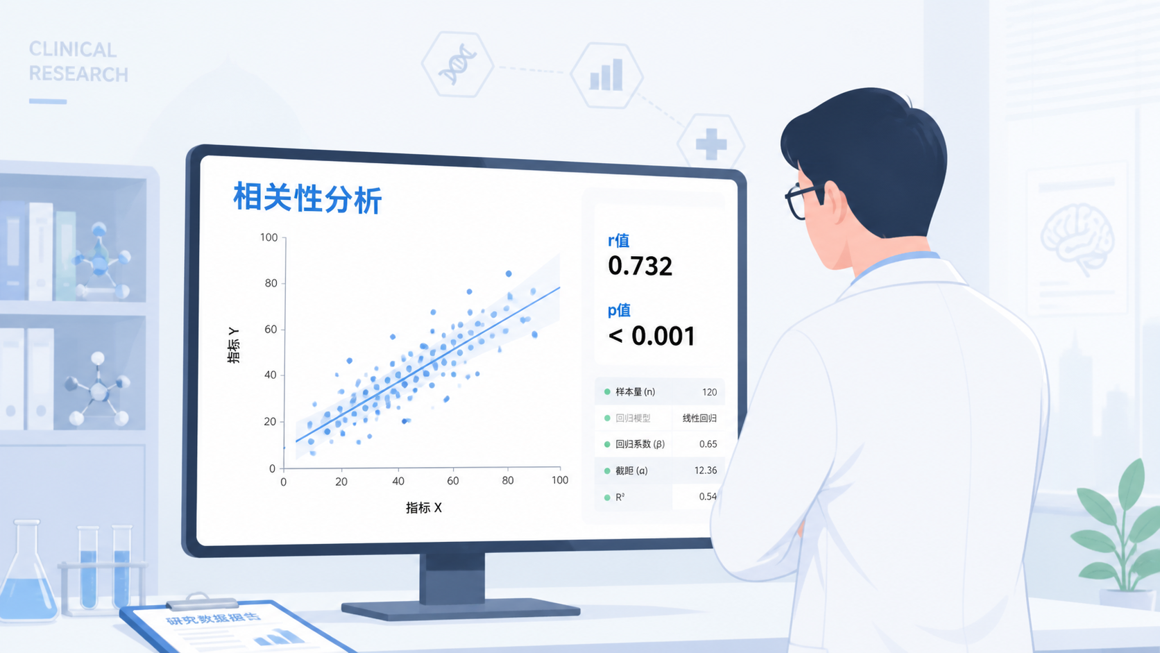 临床研究场景下，研究者查看散点图和统计结果的专业插图，突出“相关性分析”主题