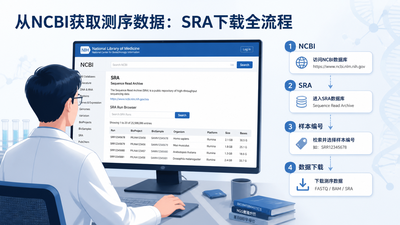 科研人员在电脑前查看NCBI网页，旁边展示SRA条目、样本编号和测序数据下载流程示意图
