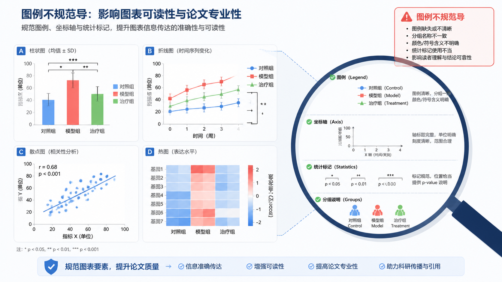 一张SCI论文多幅图拼版示意图，旁边放大标出图例、坐标轴、统计标记和分组说明，突出“图例不规范导致退稿”的问题。