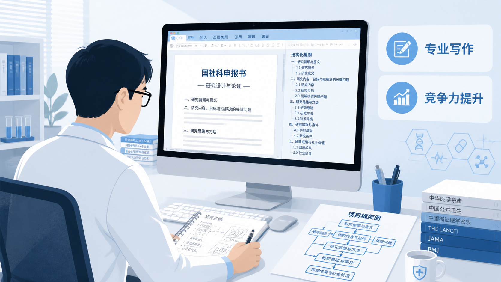 一位科研人员在电脑前修改国社科申报书，旁边有文献、笔记和项目框架图，突出“专业写作”和“竞争力提升”的主题