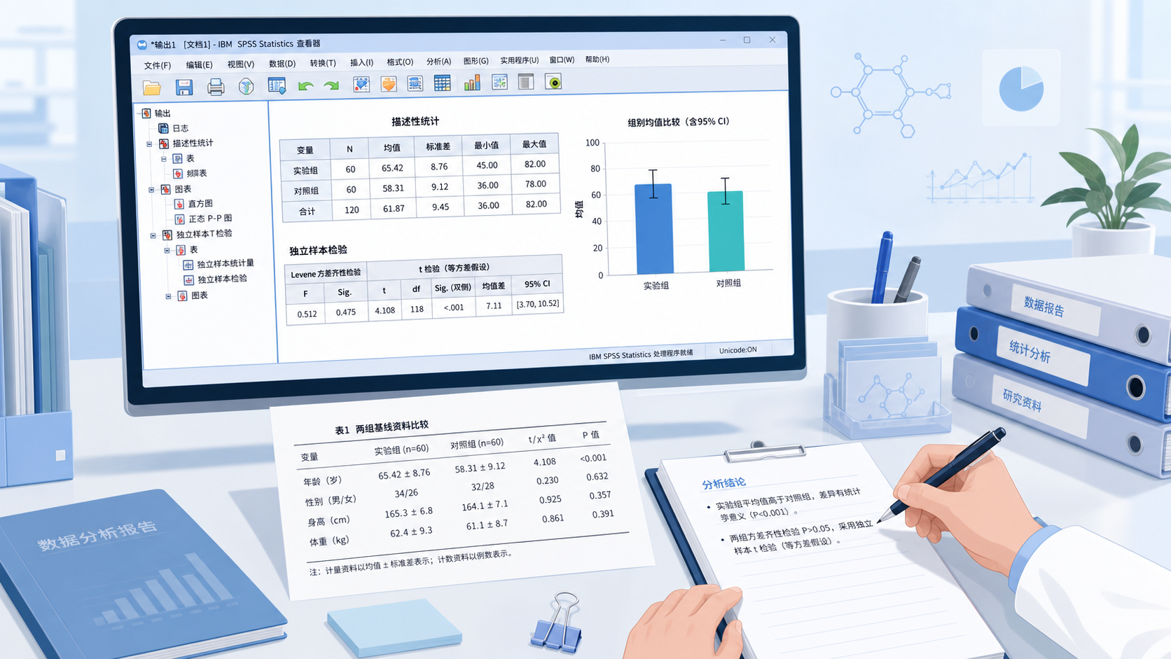 医学科研场景图,包含电脑上的SPSS输出窗口、论文三线表和研究者记录分析结论的桌面画面。