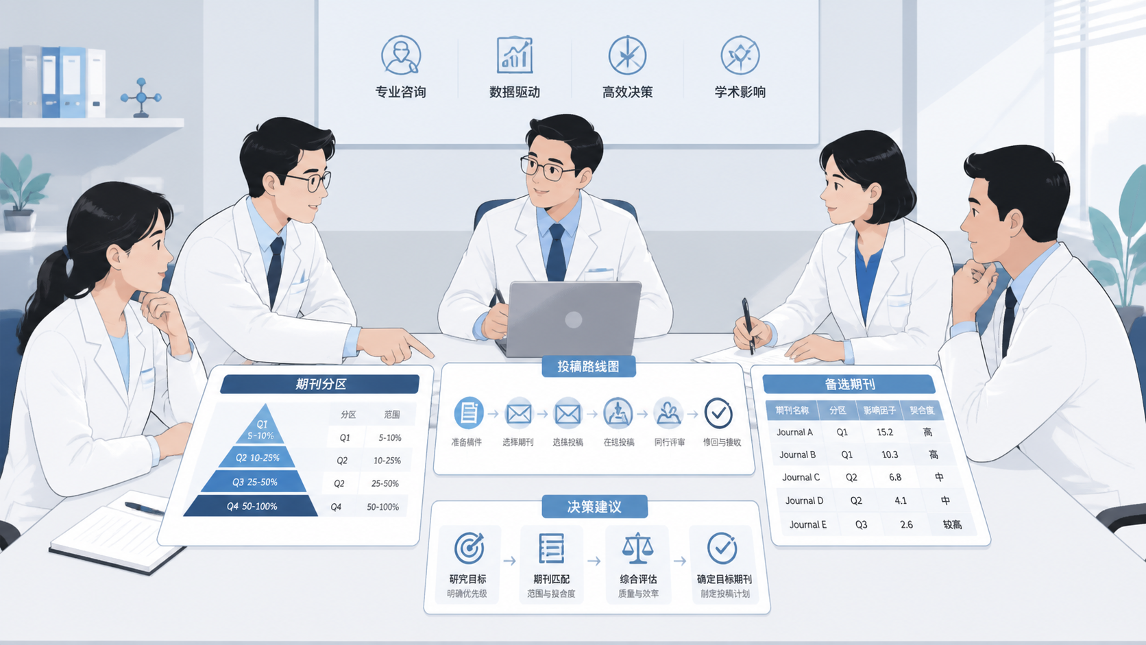 医学科研团队在会议桌前讨论期刊分区、投稿路线图和备选期刊列表，体现专业咨询与高效决策。