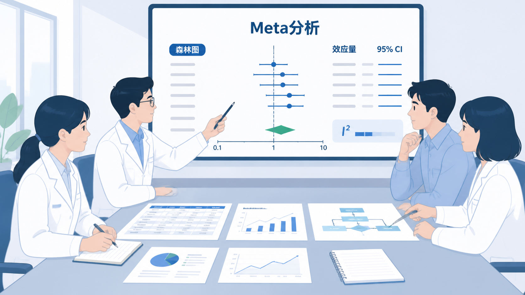研究团队在会议桌前讨论数据表、流程图和最终稿,屏幕上显示规范化的Meta分析结果