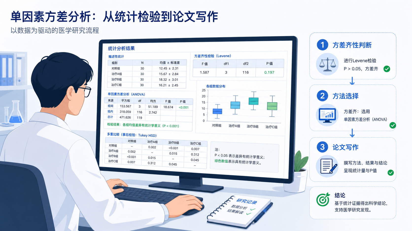 科研人员在电脑前查看统计软件输出结果，旁边标注“方差齐性判断、方法选择、论文写作”