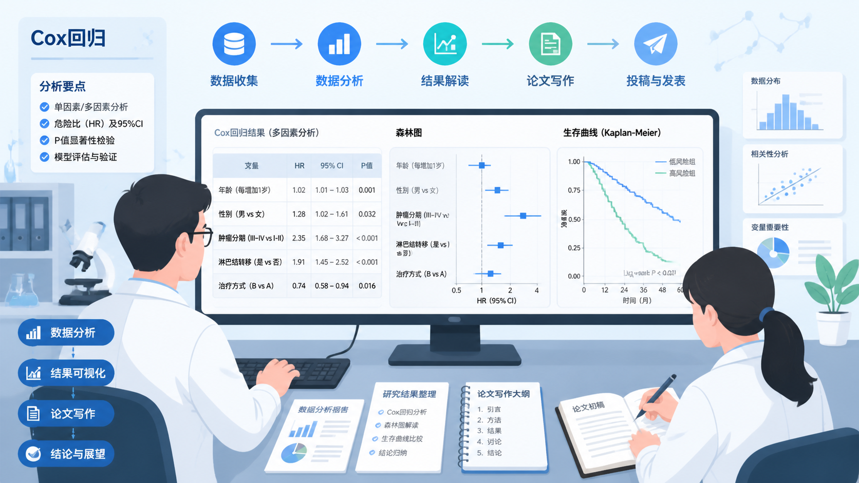 科研人员整理Cox回归表格、森林图和生存曲线，画面体现论文写作与数据分析流程