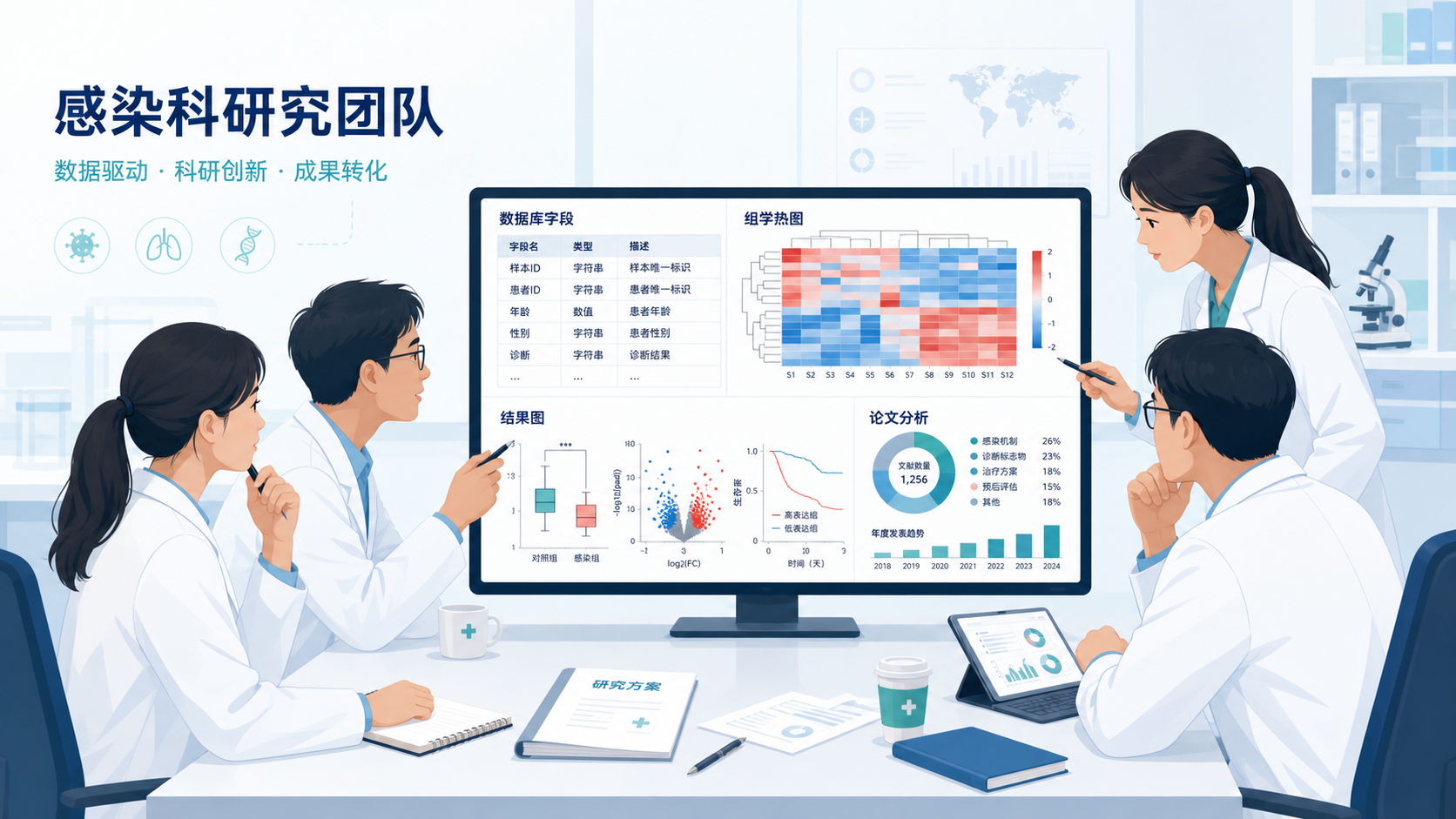 感染科研究团队围绕电脑屏幕讨论数据库字段、组学热图和论文结果图，画面体现协作与科研产出