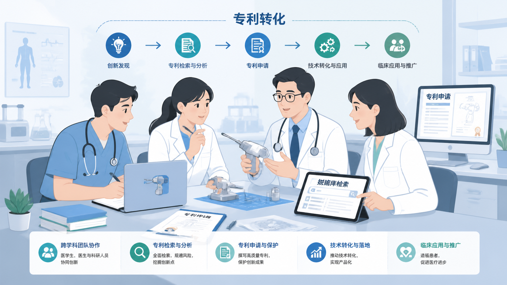 医学生、医生和科研人员围着医疗器械原型、专利文件、检索数据库界面讨论，突出“专利转化”的协作场景