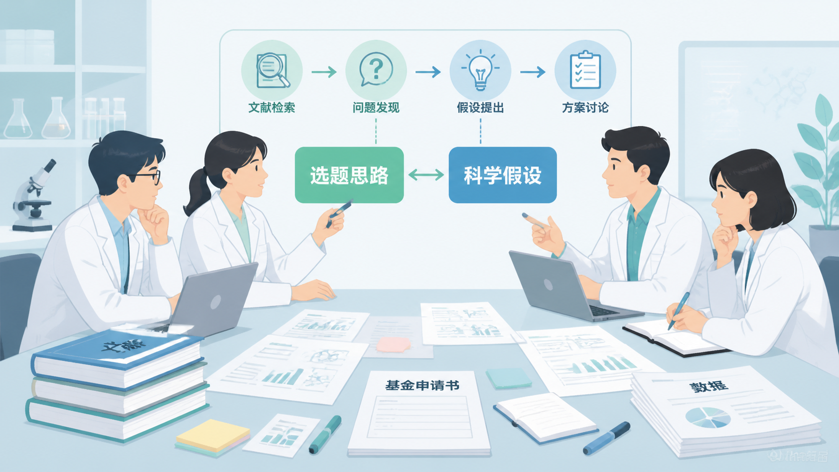 科研人员在会议桌前讨论课题框架，旁边有文献、实验数据和基金申请书草稿，突出“选题思路”与“科学假设”