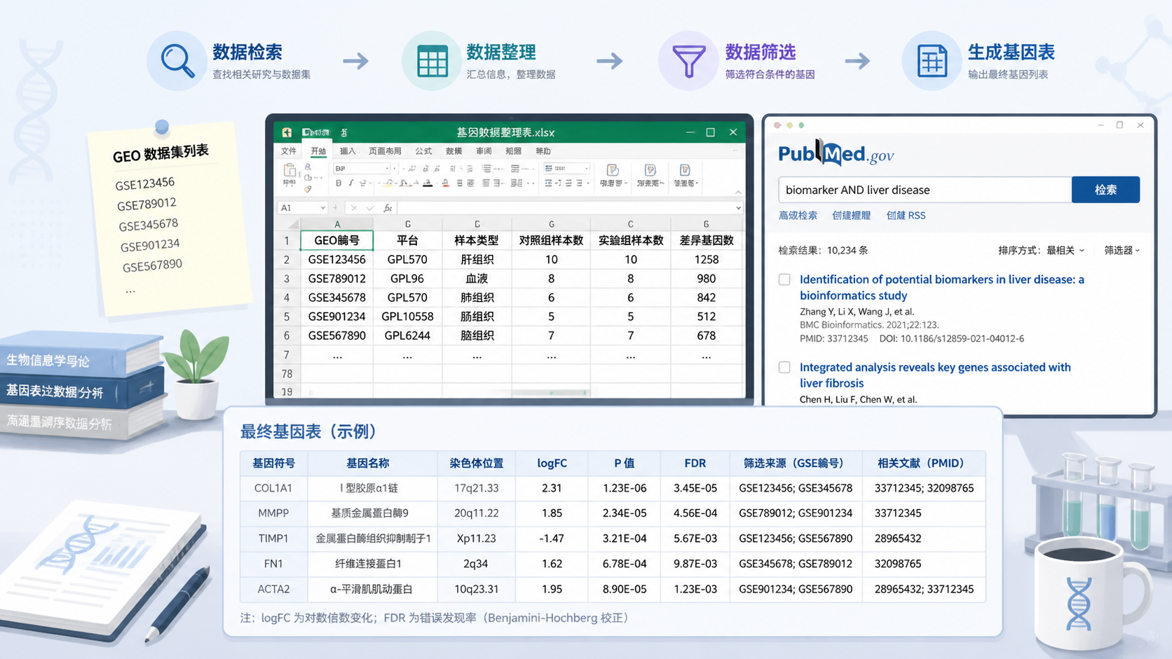 整齐的研究工作台场景，包含GSE编号列表、Excel表格、PubMed检索页面和最终生成的基因表达分析图，突出GEO数据整合到分析产出的完整链路。