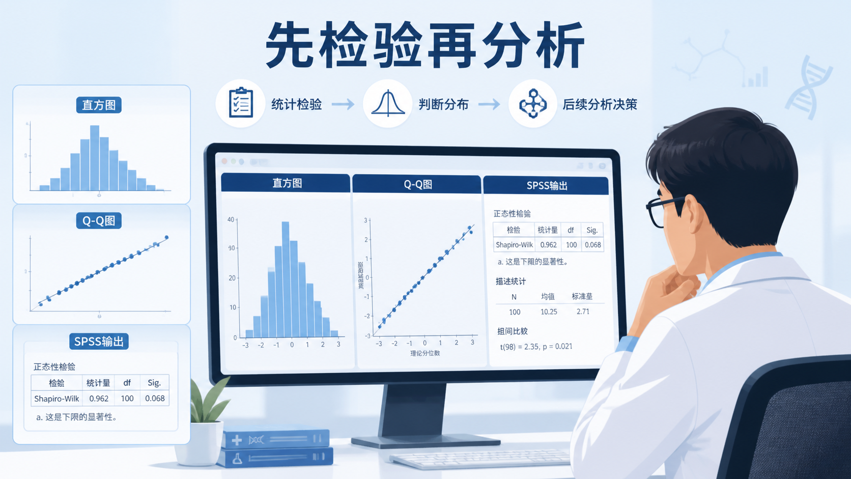 临床研究人员在电脑前查看直方图、Q-Q图和SPSS输出结果的场景，突出“先检验再分析”的流程