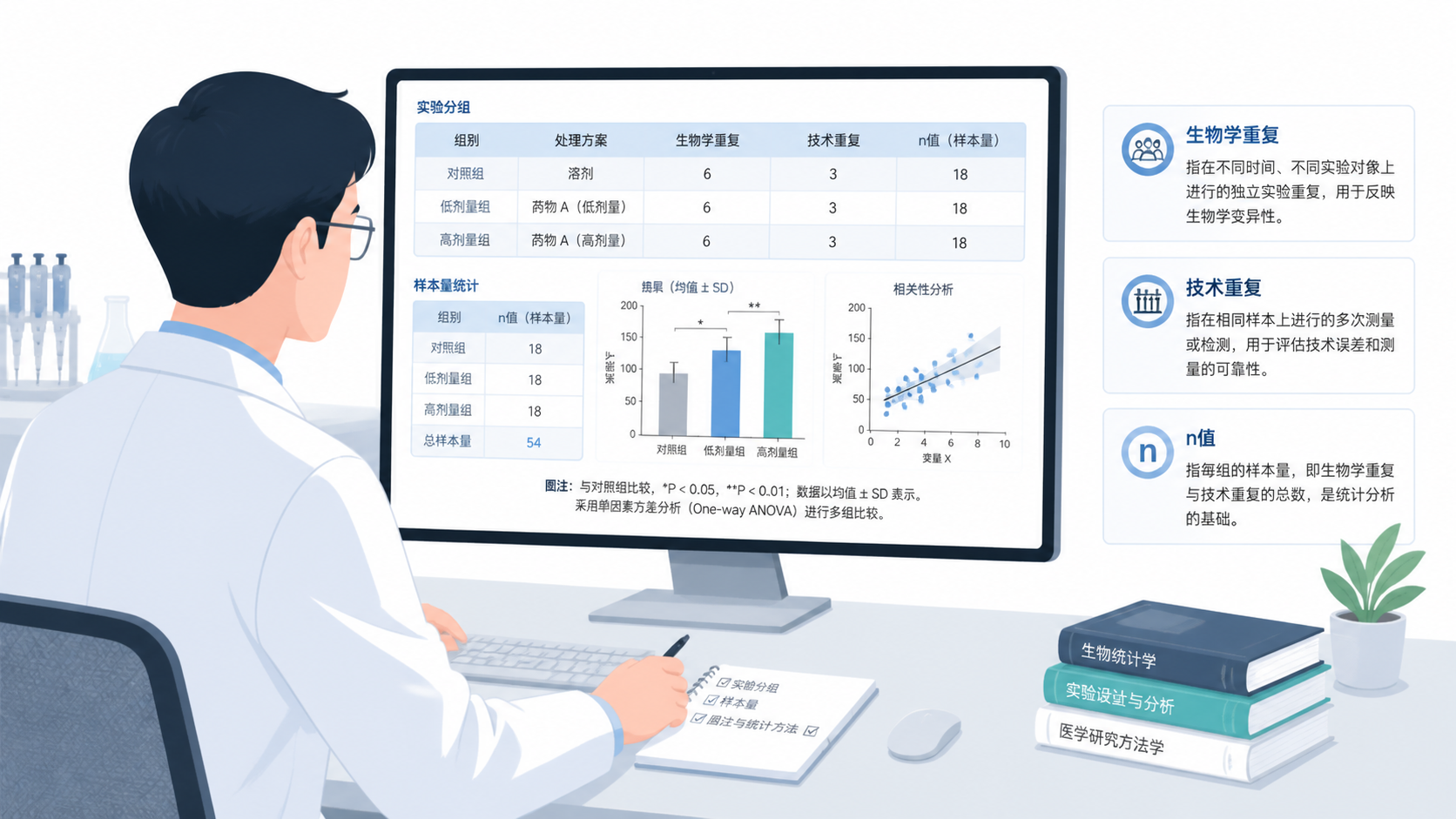 科研人员在电脑前核对实验分组、样本量、统计图注的场景,旁边显示“生物学重复”“技术重复”“n值规范”等标签。