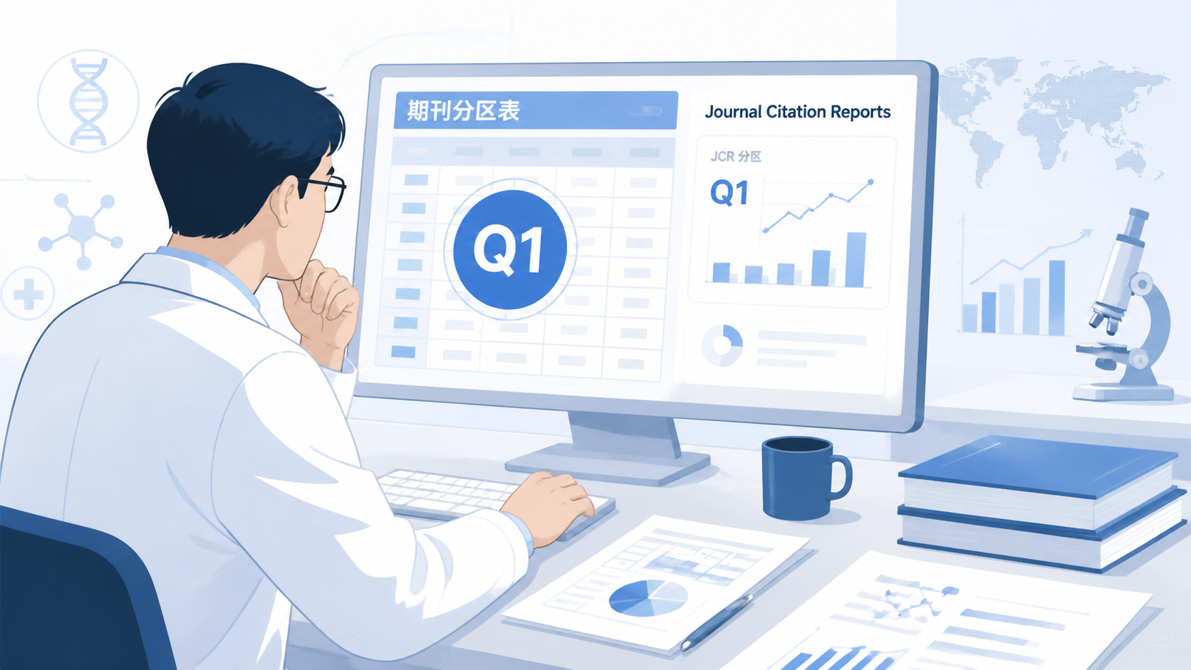 科研人员在电脑前查看期刊分区表和Journal Citation Reports截图，突出“Q1分区”概念与文献检索场景。