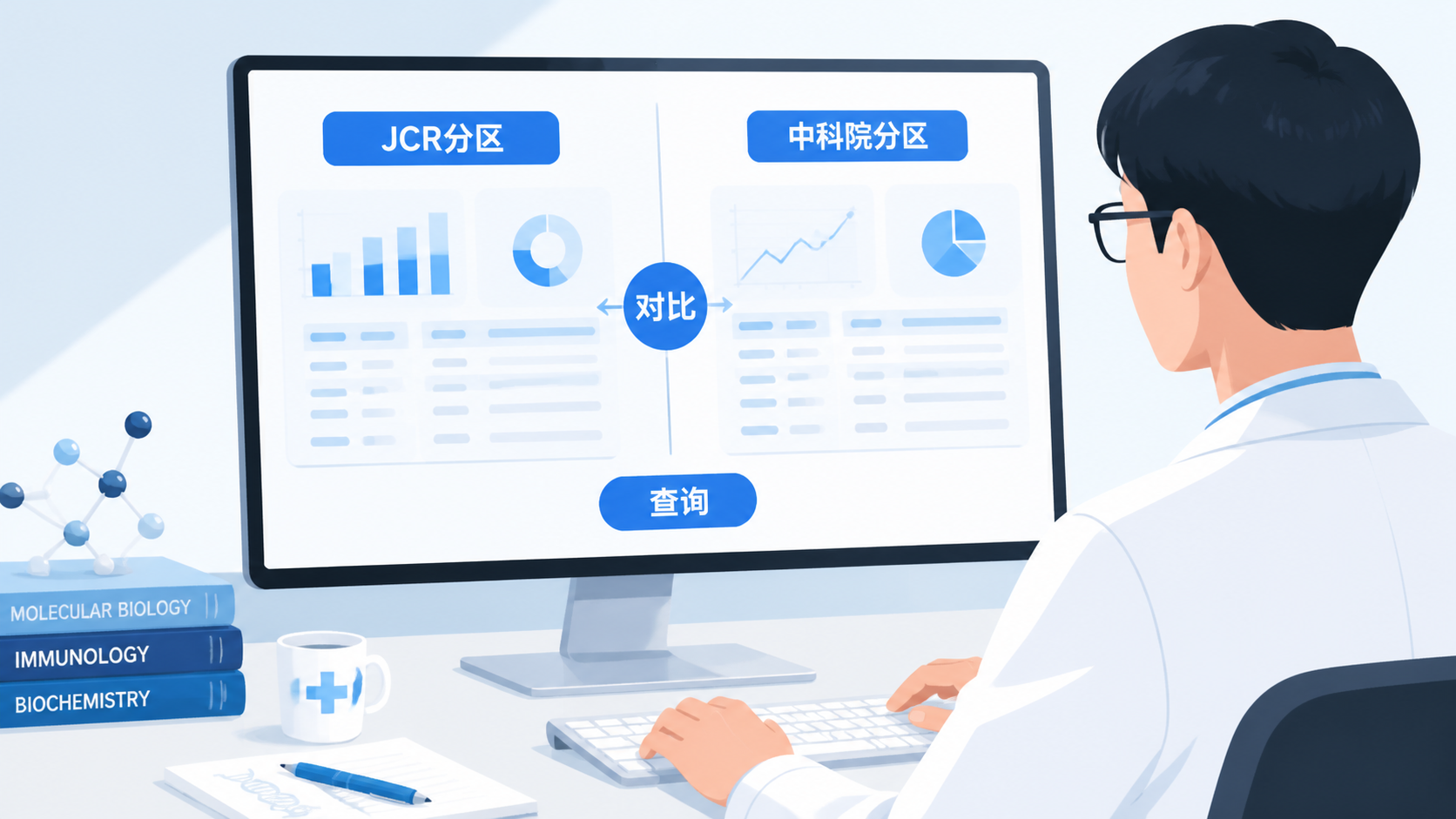 医学生或科研人员在电脑前查询SCI期刊分区，屏幕展示JCR分区和中科院分区界面，突出“查询、对比、选择”场景。