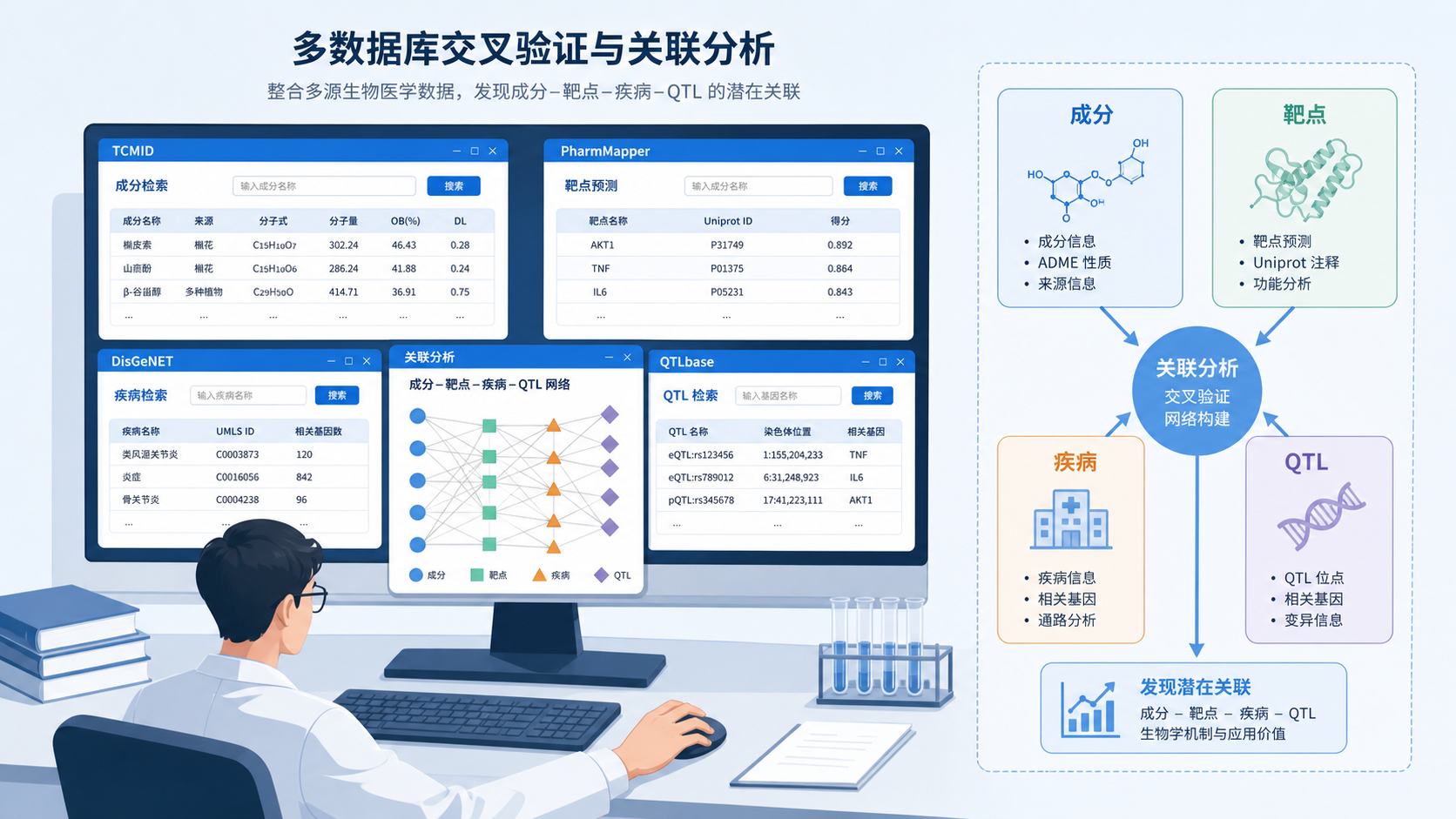 一张科研人员在电脑前对比多个数据库界面，旁边显示“成分、靶点、疾病、QTL”四个模块的示意图。