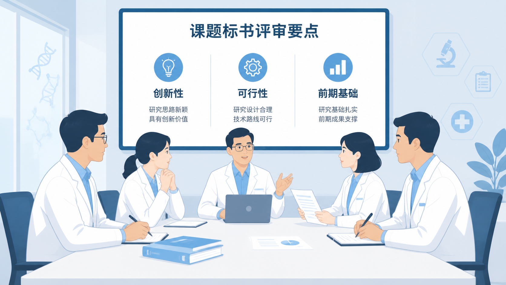 科研人员在会议室讨论课题标书，屏幕上展示“创新性、可行性、前期基础”等评审关键词的简洁信息图