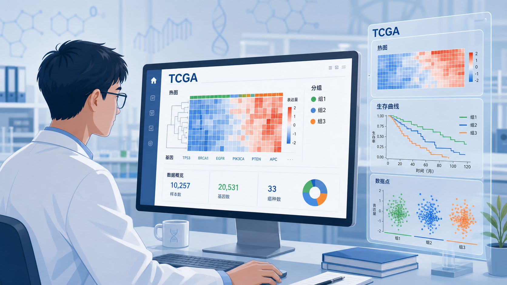 医生在电脑前查看肿瘤基因组数据界面，旁边显示TCGA、热图和生存曲线的科研场景