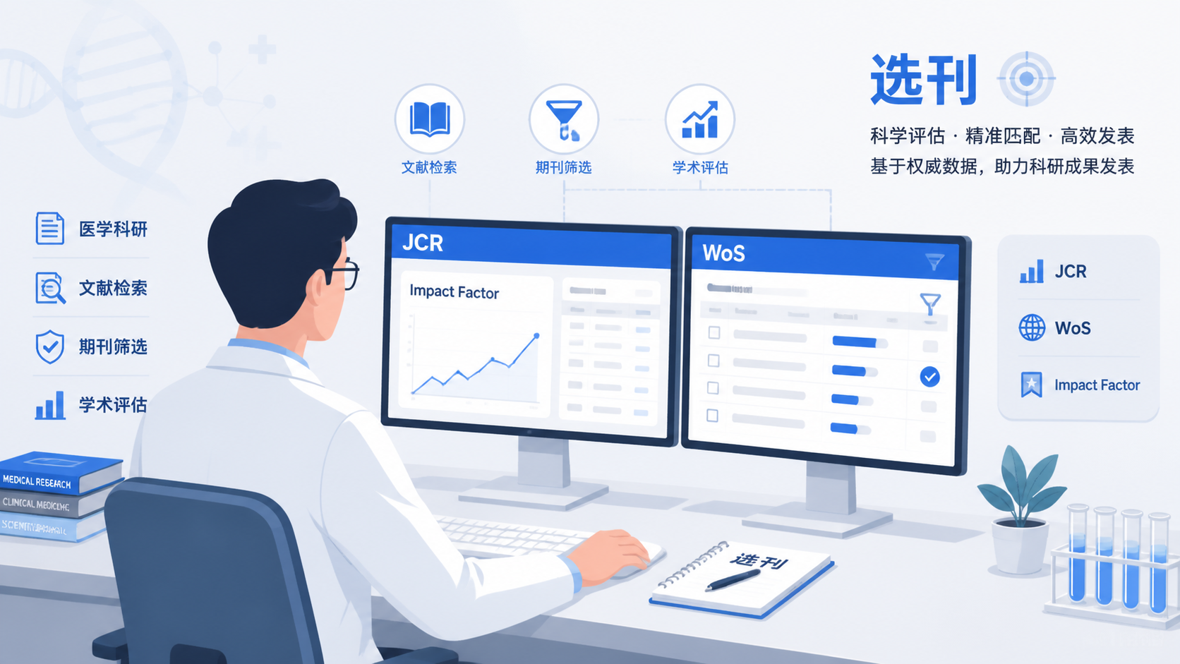 医学科研人员在电脑前检索期刊数据库，屏幕上显示JCR、WoS和期刊影响因子列表，突出“选刊”和“最新影响因子”主题。
