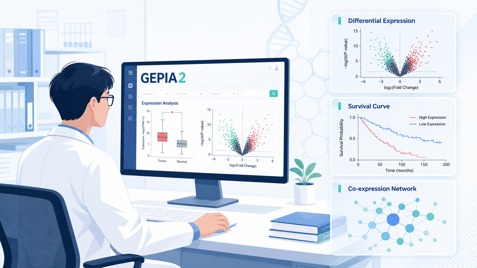 科研人员在电脑前查看GEPIA2分析结果、旁边叠加差异表达图、生存曲线和共表达网络示意图