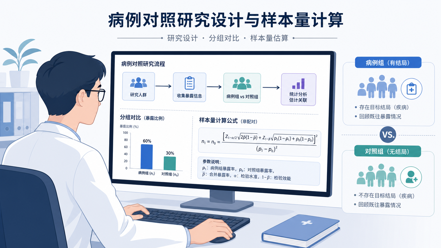 科研人员在电脑前查看病例对照研究设计图与样本量公式，旁边有病例组和对照组示意图