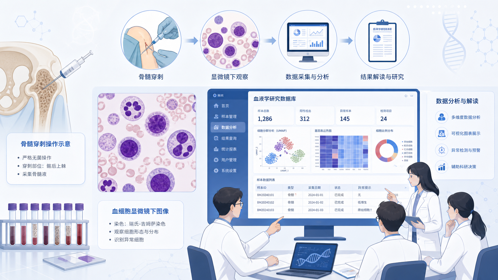 血液学科研场景图,包含骨髓穿刺、血细胞显微图、数据库分析界面与科研人员讨论的组合画面