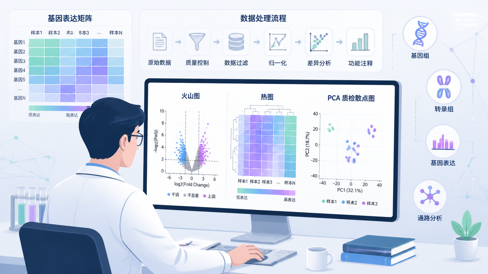 科研人员在电脑前查看火山图、热图和PCA质检结果，背景为基因表达矩阵与分析流程示意图