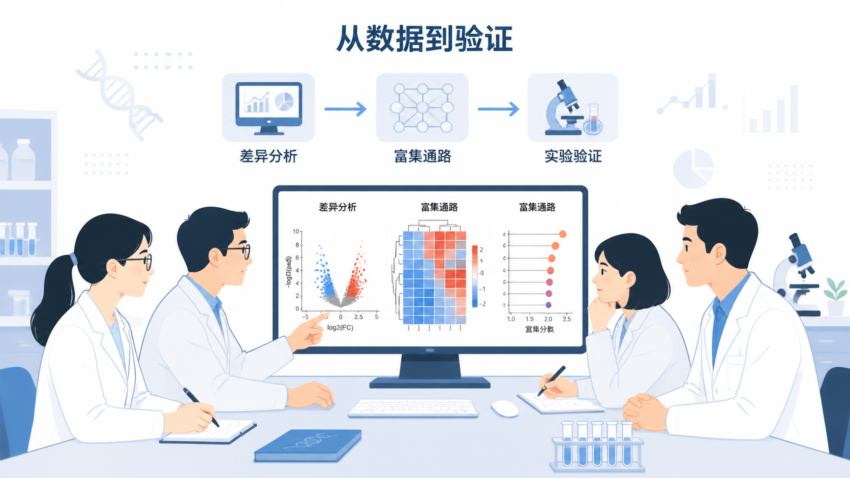 科研团队围着电脑讨论生信结果，屏幕上显示差异分析、富集通路和实验验证流程，画面传达“从数据到验证”的完整闭环。