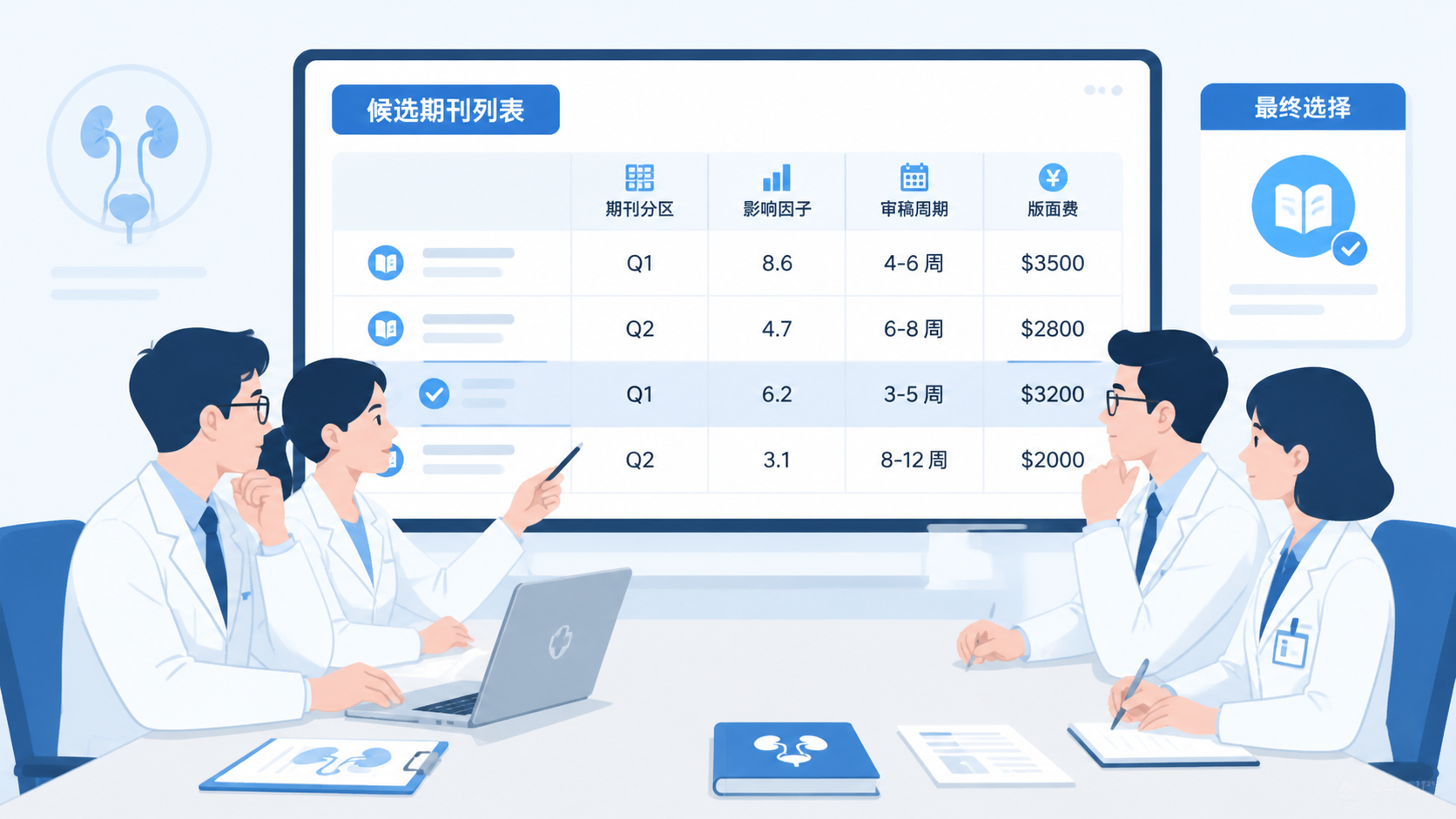 泌尿外科研究团队根据期刊分区、影响因子、审稿周期和版面费完成选刊决策，屏幕上显示候选期刊列表与投稿流程