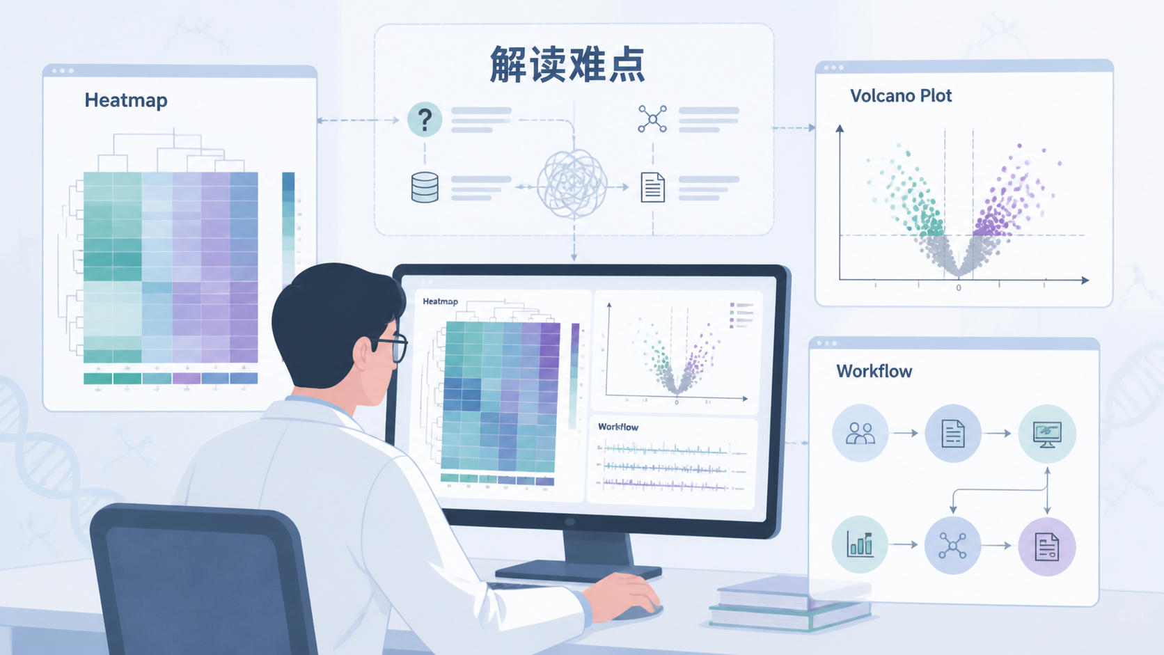 科研人员在电脑前分析转录本表达数据，旁边显示热图、火山图和流程图，突出“解读难点”主题