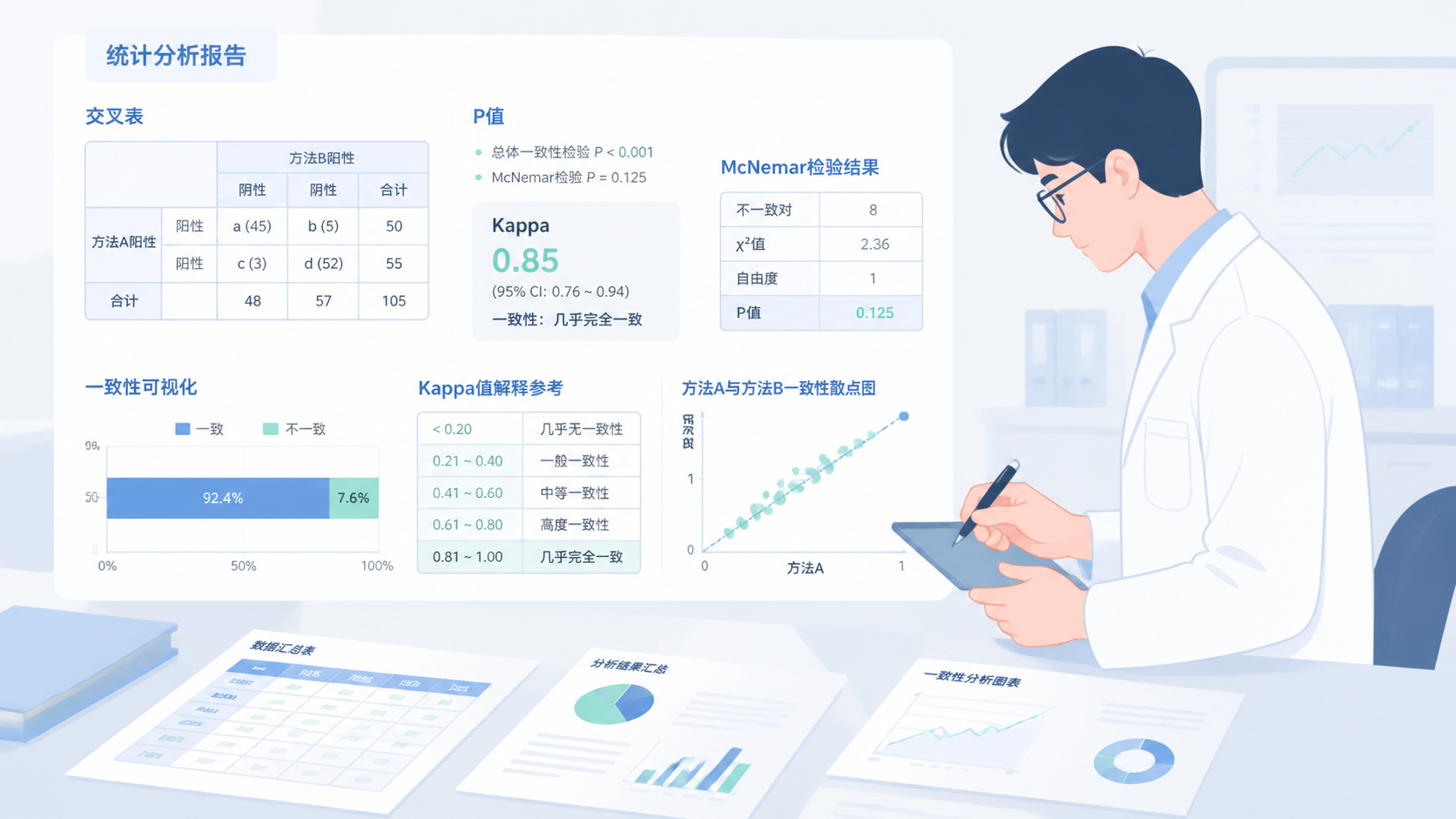 科研人员在统计分析报告旁整理图表，画面突出P值、交叉表、Kappa和McNemar检验结果，风格专业简洁。