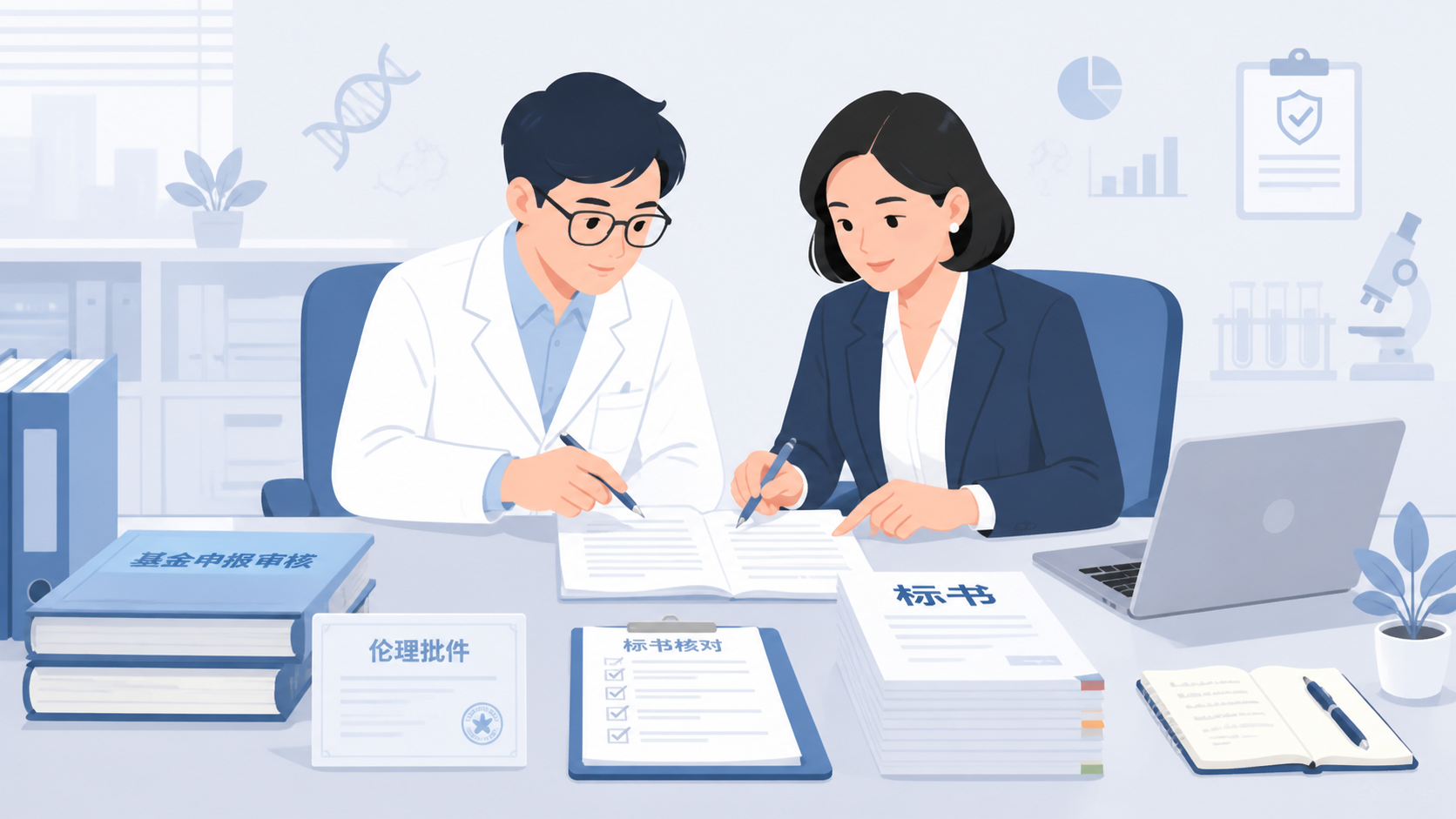 科研人员与医院科研部老师共同核对基金申报材料，桌上有指南、伦理批件和标书，体现专业审核与合规申报。
