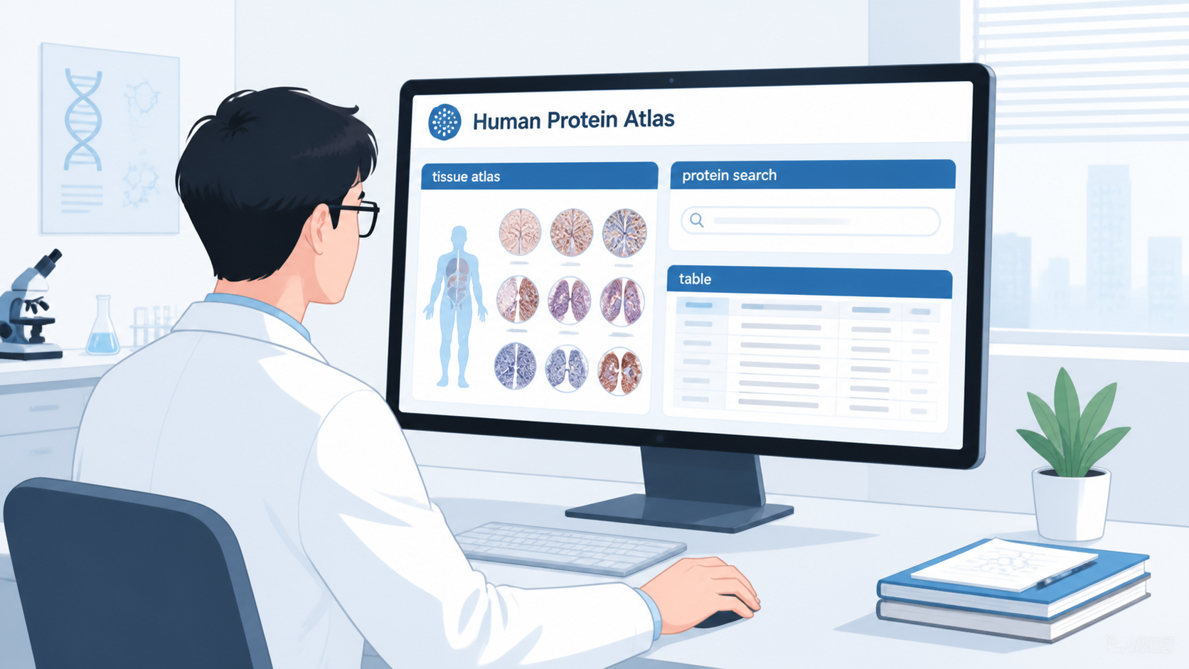 科研人员在电脑前检索Human Protein Atlas数据库，屏幕展示组织图谱、蛋白检索和表达热图界面