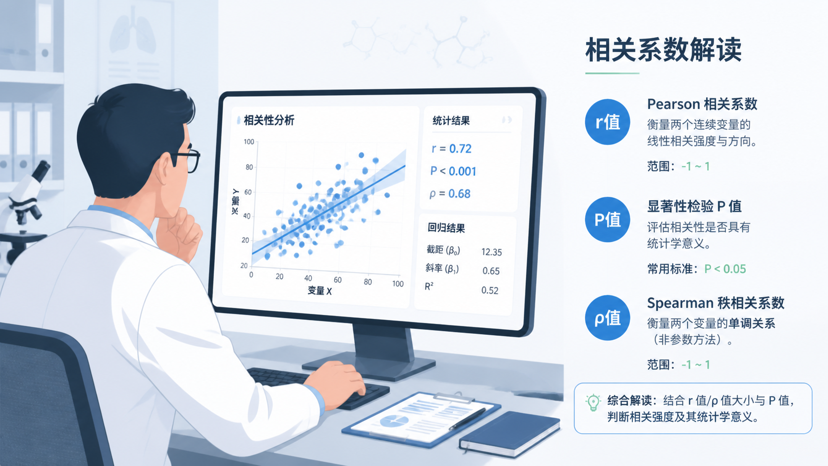 临床科研人员在电脑前查看散点图和统计结果，旁边标注r值、P值、ρ值，突出“相关系数解读”的场景