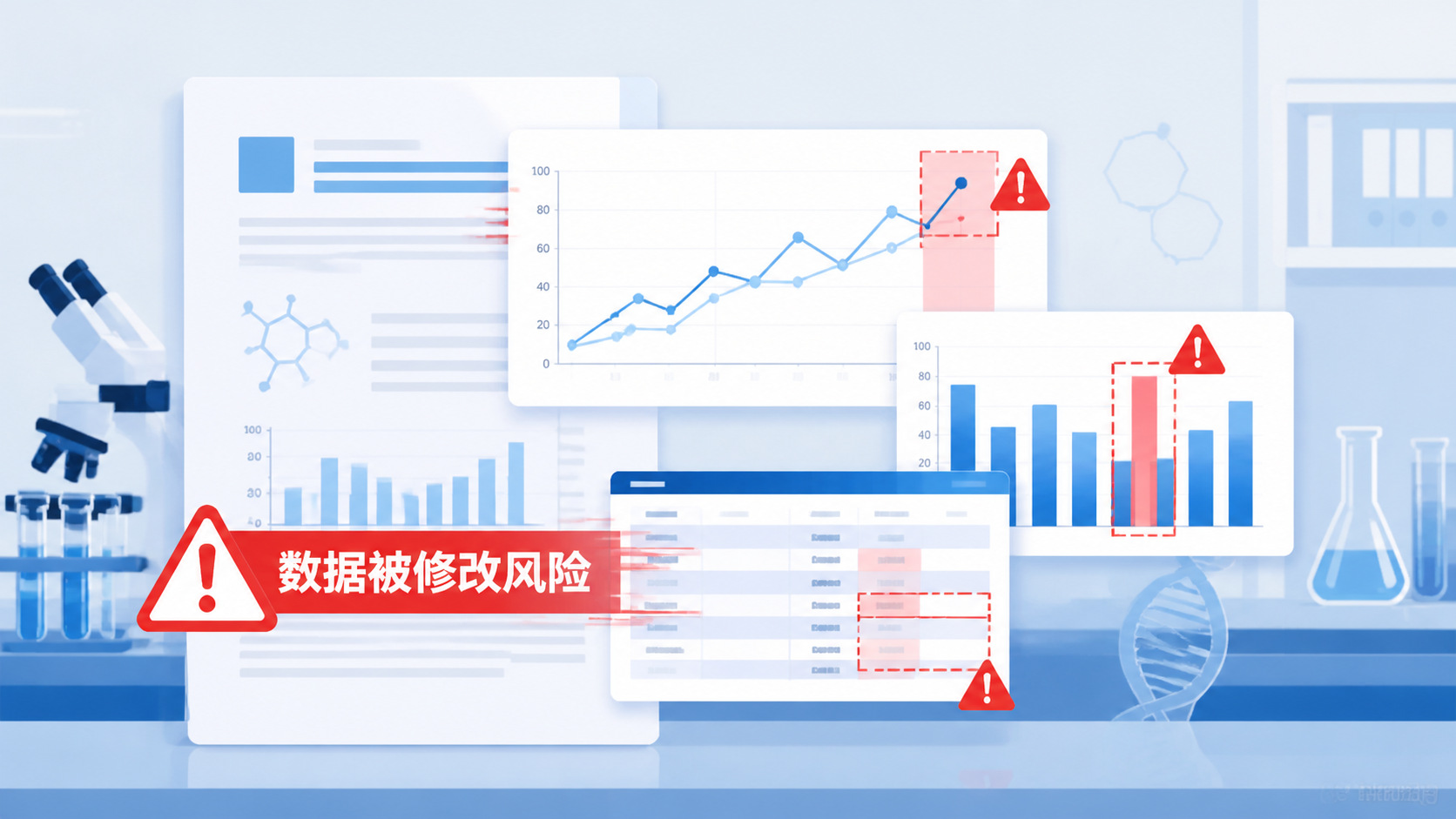 一张医学论文、统计图表和红色警示标识叠加的科研场景图，突出“数据被修改”的风险感。